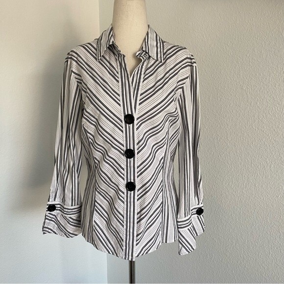 Spense Metallic Silver Black Stripe Button Glam Cuffs Bell Sleeve SZ L - Picture 1 of 11